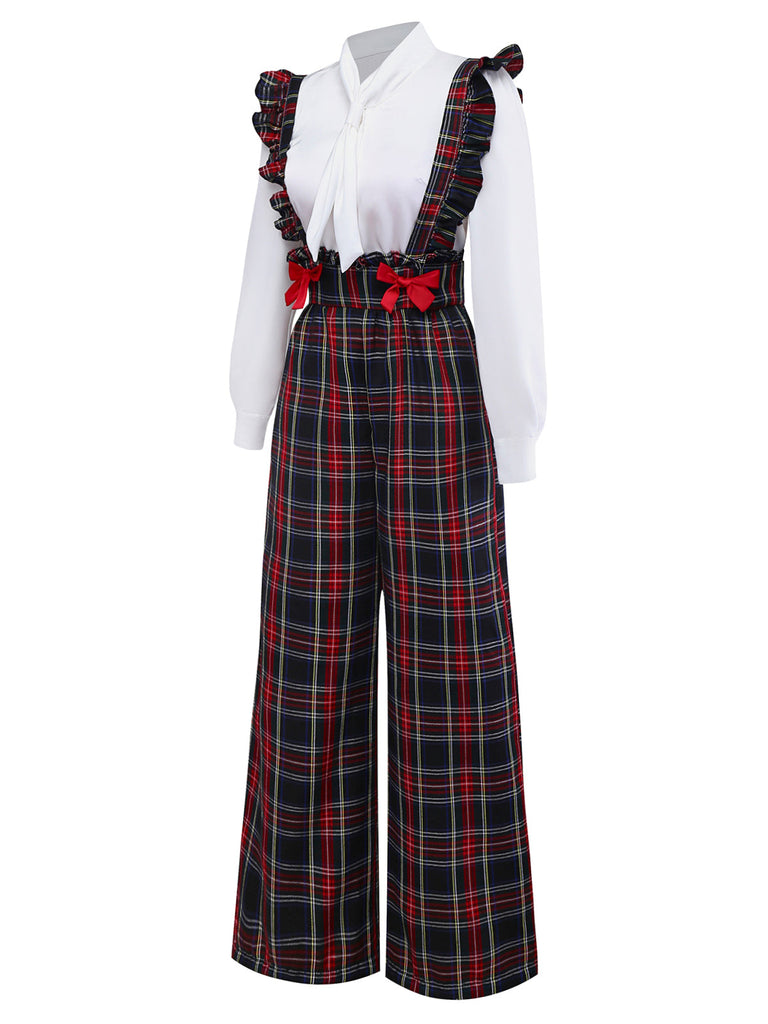 [Vorverkauf] 2PCS Weiß & Schwarz 1940er Bluse & Tartan Latzhose