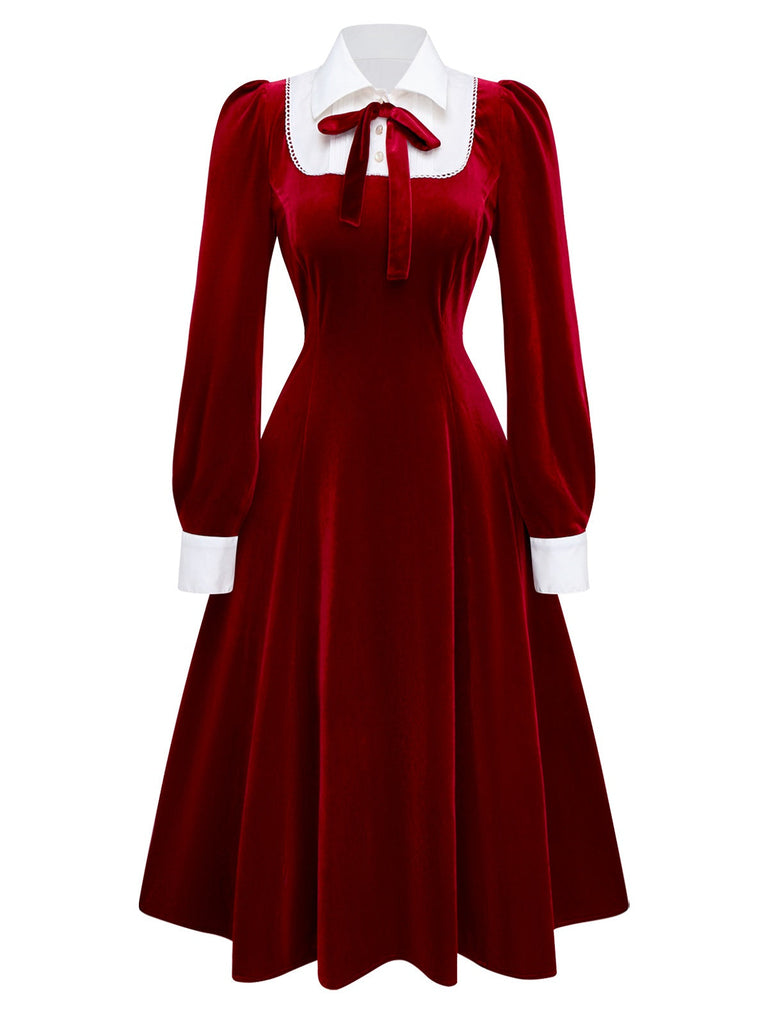 [Vorverkauf] Rot 1940er Samt Hemdkragen Bogen Kleid