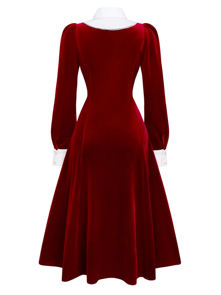 [Vorverkauf] Rot 1940er Samt Hemdkragen Bogen Kleid