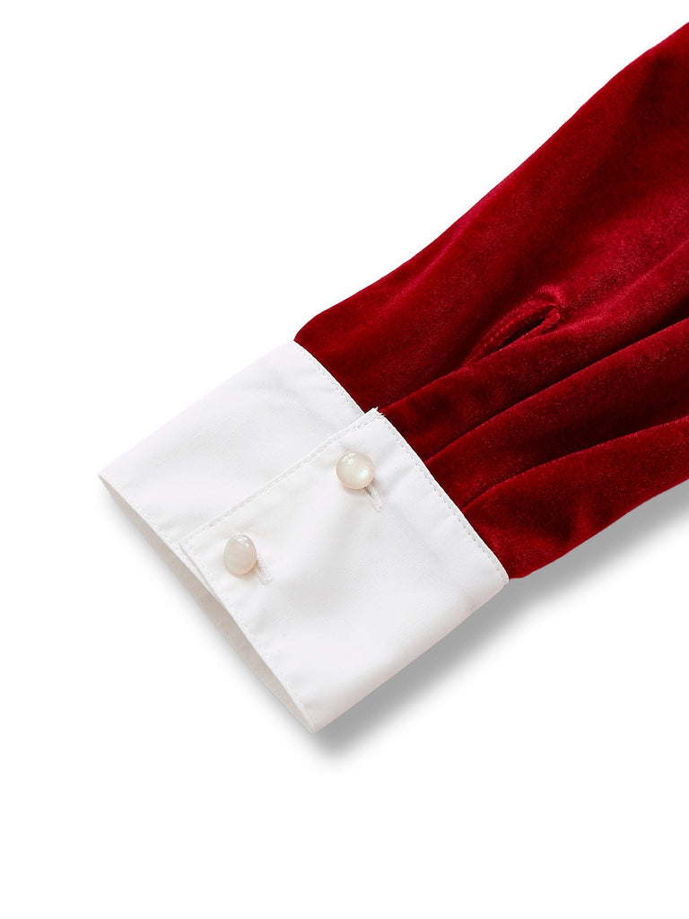 [Vorverkauf] Rot 1940er Samt Hemdkragen Bogen Kleid