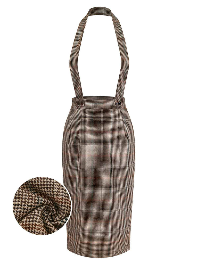 [Vorverkauf] Braun 1960er Hahnentritt Suspender Bleistift Rock