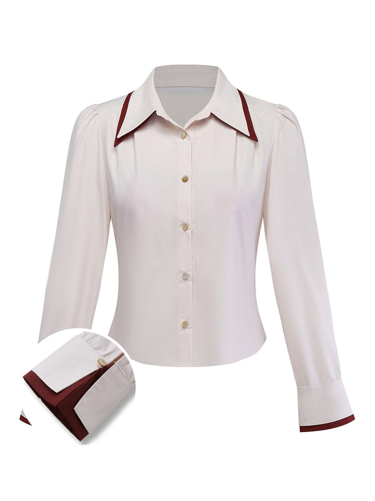 [Vorverkauf] Beige 1960er Schlitzärmel Kontrast Revers Bluse