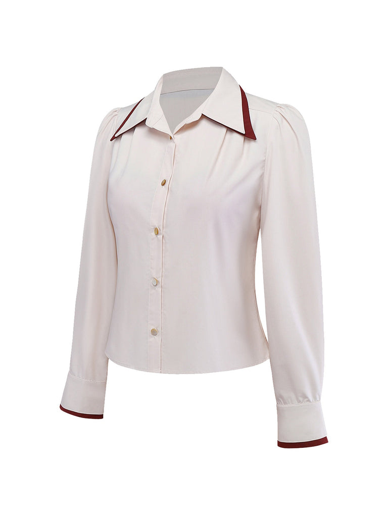 [Vorverkauf] Beige 1960er Schlitzärmel Kontrast Revers Bluse