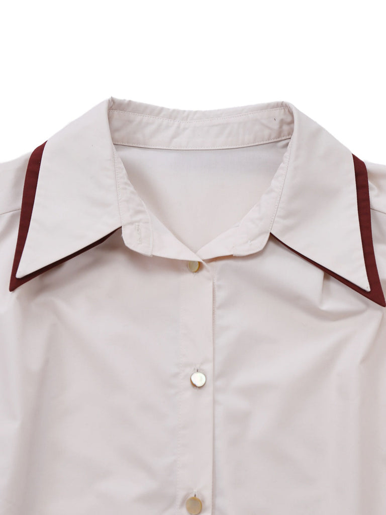 [Vorverkauf] Beige 1960er Schlitzärmel Kontrast Revers Bluse