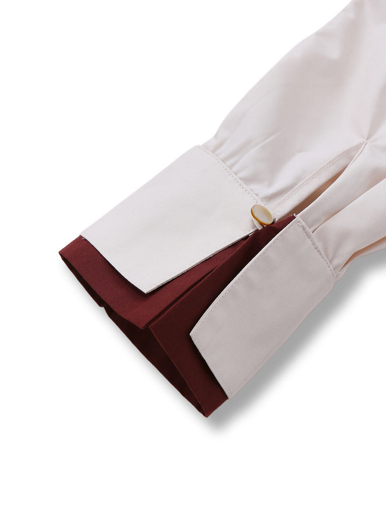 [Vorverkauf] Beige 1960er Schlitzärmel Kontrast Revers Bluse