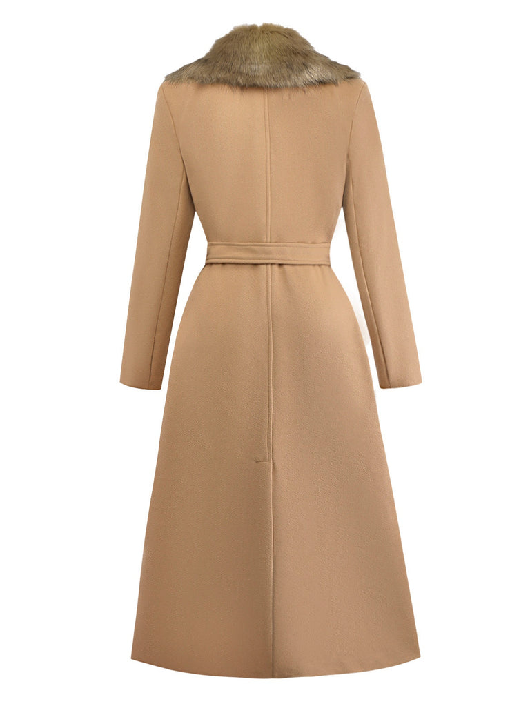 Khaki 1920er Solide Pelzkragen Gürtel Mantel