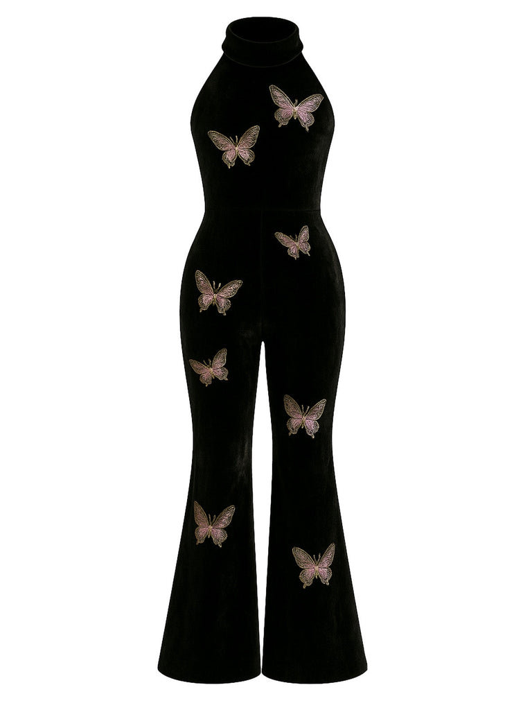 [Vorverkauf] Schwarz 1930er Samt Halter Schmetterling Besticktes Jumpsuit