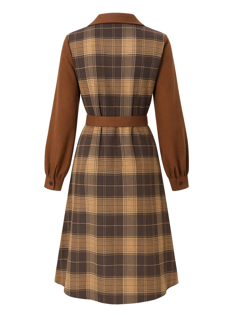 Braun 1950er Plaid Cord Hemdkragen Kleid