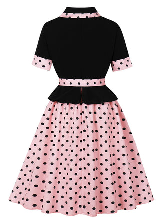 1950er Revers Polka Dot Patchwork Swing Gürtel Kleid