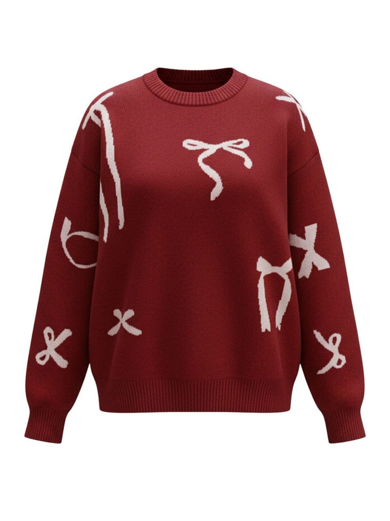 Weinrot 1950er Schleifen Muster Pullover