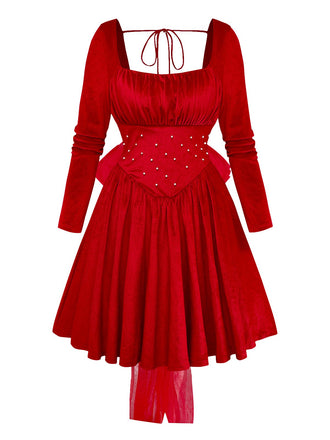 Rot 1950er Samt Perle Gerüschtes Tüll Bogen Kleid