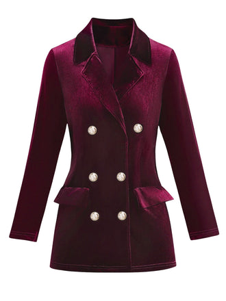 1980er Solide Samt Zweireihiger Revers Blazer