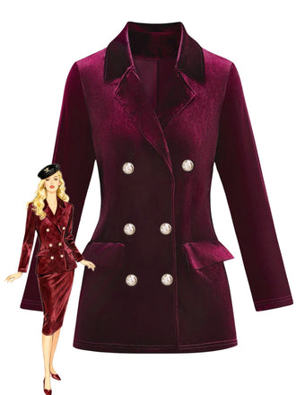 1980er Solide Samt Zweireihiger Revers Blazer