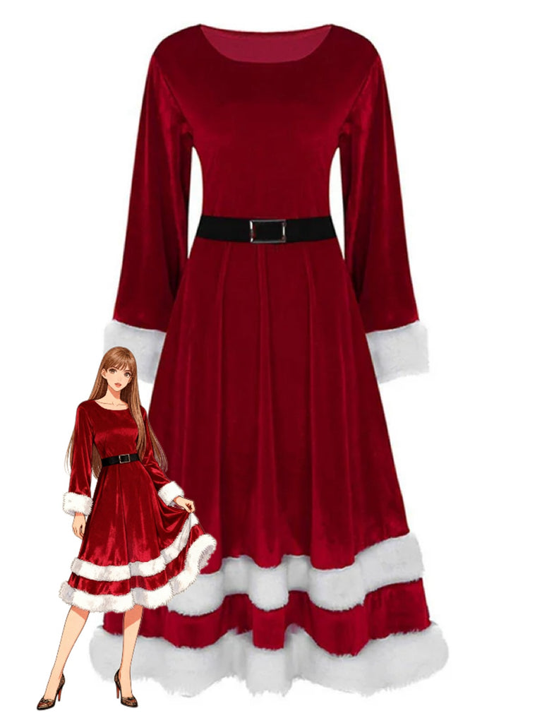 1940er Weihnachtsmann Faux Fur Trim Samt Kleid