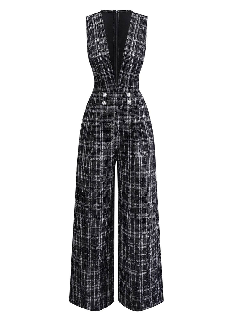 Schwarz 1940er Baumwolle Plaid Tief-V-Ausschnitt Overall Jumpsuit