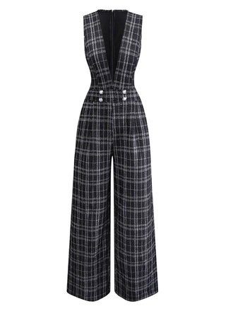 Schwarz 1940er Baumwolle Plaid Tief-V-Ausschnitt Overall Jumpsuit