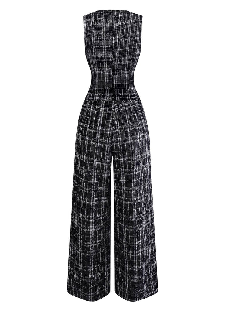 Schwarz 1940er Baumwolle Plaid Tief-V-Ausschnitt Overall Jumpsuit