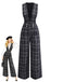 Schwarz 1940er Baumwolle Plaid Tief-V-Ausschnitt Overall Jumpsuit