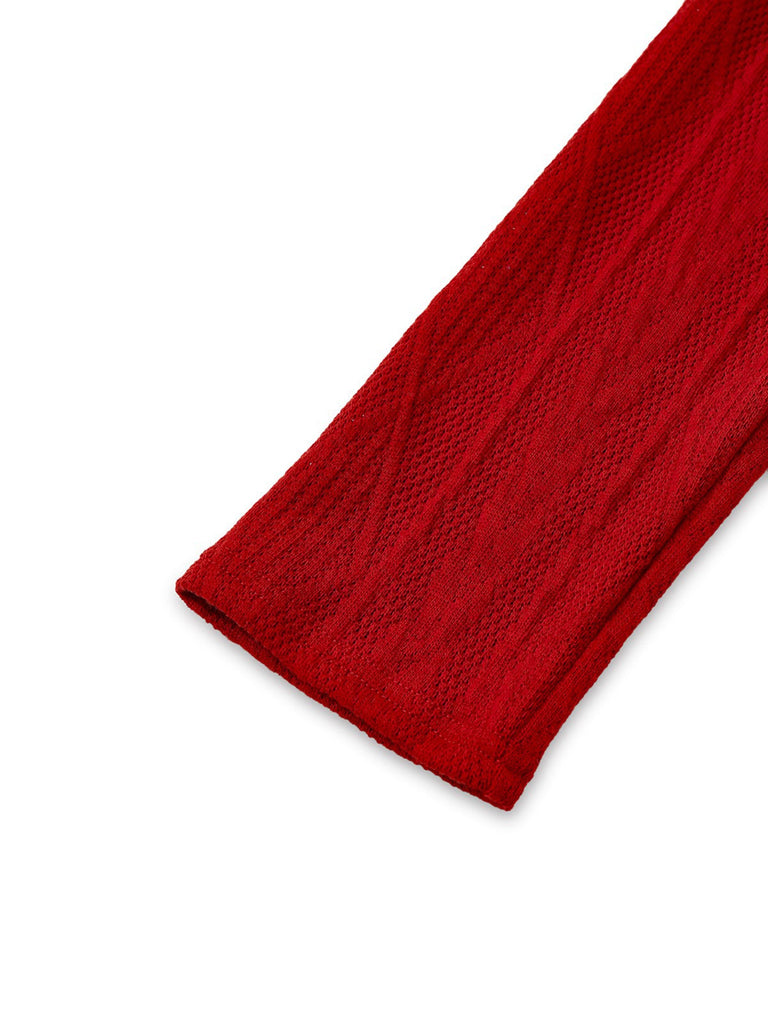 1940er Solide Stricken Groß V-Ausschnitt Tasten Kleid