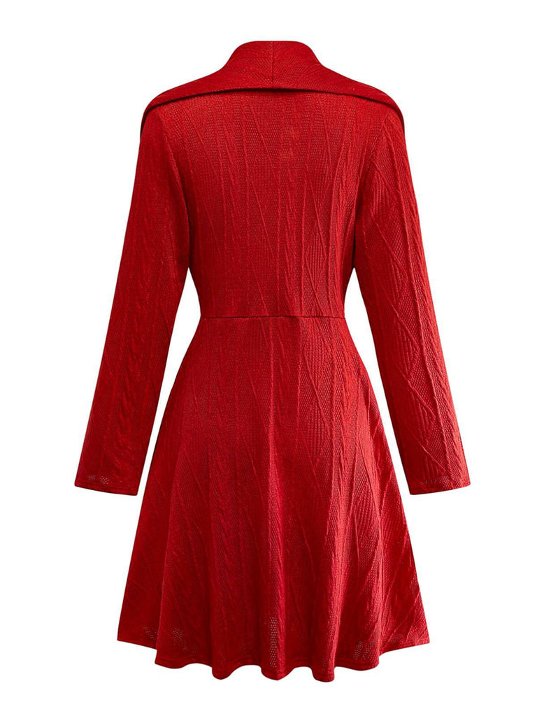 1940er Solide Stricken Groß V-Ausschnitt Tasten Kleid