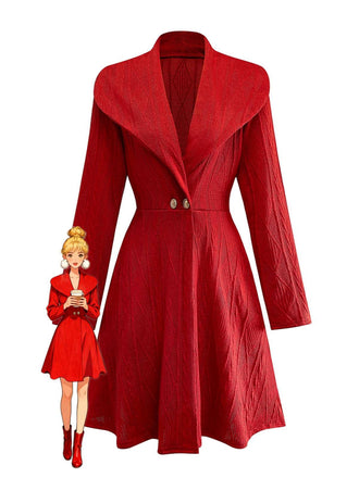 1940er Solide Stricken Groß V-Ausschnitt Tasten Kleid