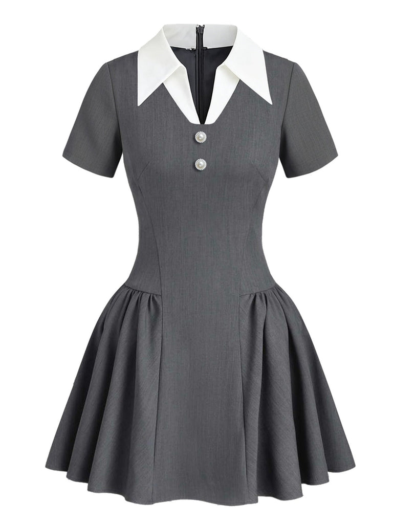 [Vorverkauf] Grau 1960er Hochschule Stil Hemdkragen Swing Kleid