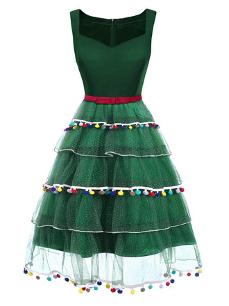 [Vorverkauf] Grün 1950er Weihnachtsbaum Bogen Netz Puffy Kleid