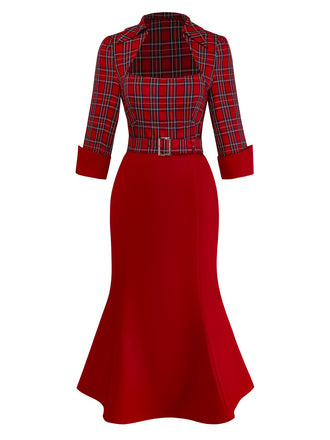 [Vorverkauf] Rot 1930er Revers Trapezausschnitt Plaid Meerjungfrauen Kleid