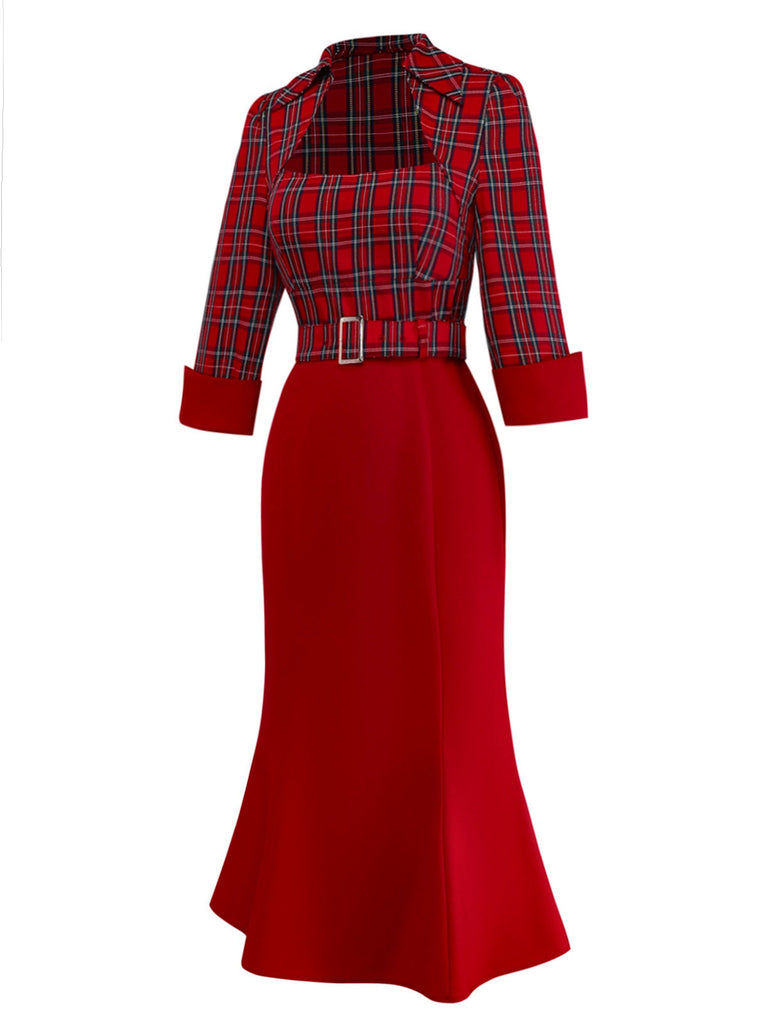 [Vorverkauf] Rot 1930er Revers Trapezausschnitt Plaid Meerjungfrauen Kleid