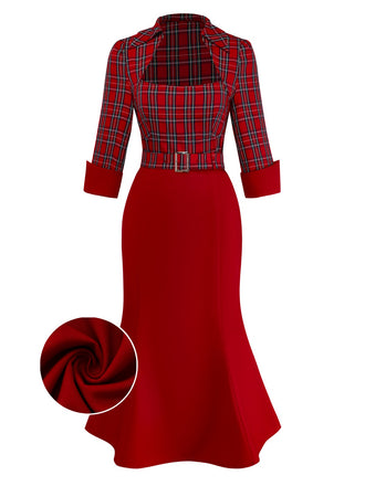 [Vorverkauf] Rot 1930er Revers Trapezausschnitt Plaid Meerjungfrauen Kleid