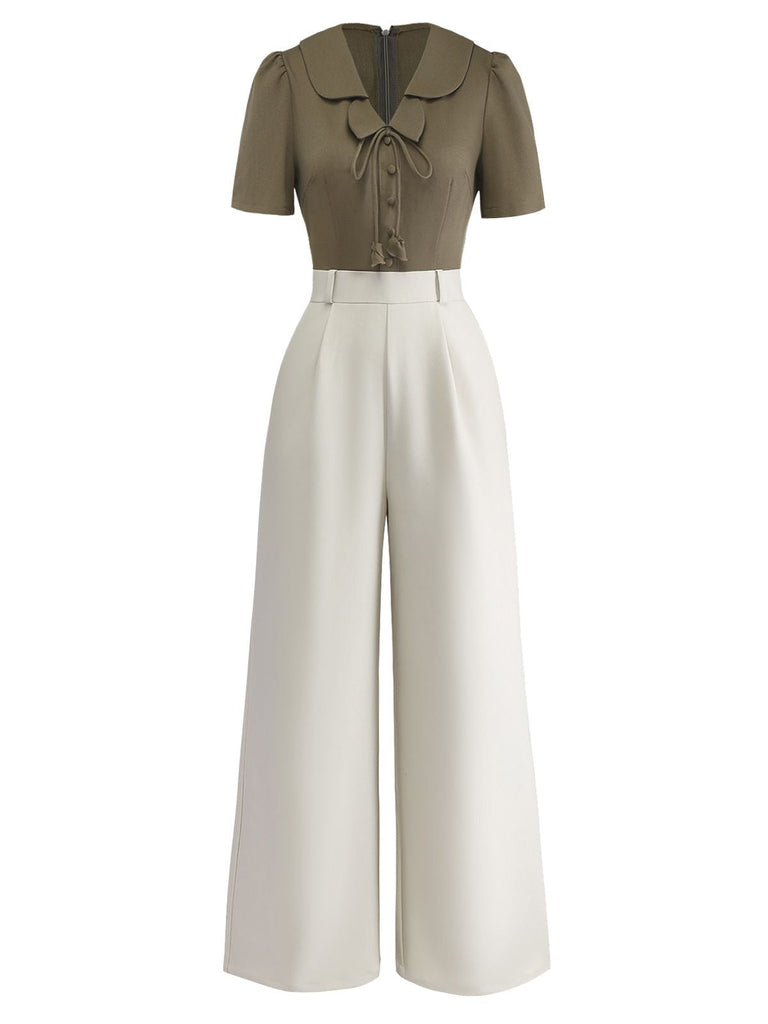 [Vorverkauf] Olivgrün 1950er Taste-Up Blumen Weites Bein Jumpsuit