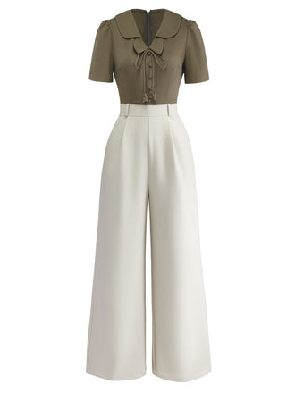 [Vorverkauf] Olivgrün 1950er Taste-Up Blumen Weites Bein Jumpsuit