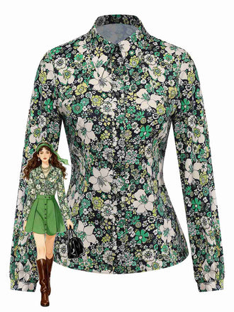 [Vorverkauf] Grün 1960er Psychedelische Blumen Revers Bluse