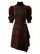 [Vorverkauf] Dunkelrot 1970er Plaid Puffärmel Hoher Hals Gürtel Kleid