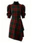 [Vorverkauf] Dunkelrot 1970er Plaid Puffärmel Hoher Hals Gürtel Kleid