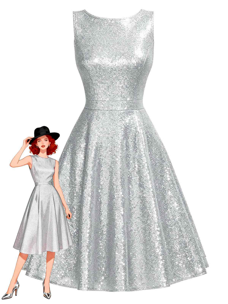 [Vorverkauf] Silber 1950er Solide Funkeln Ärmelloses Rundhals Kleid