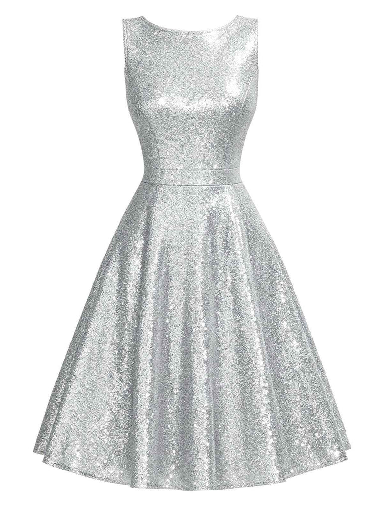 [Vorverkauf] Silber 1950er Solide Funkeln Ärmelloses Rundhals Kleid