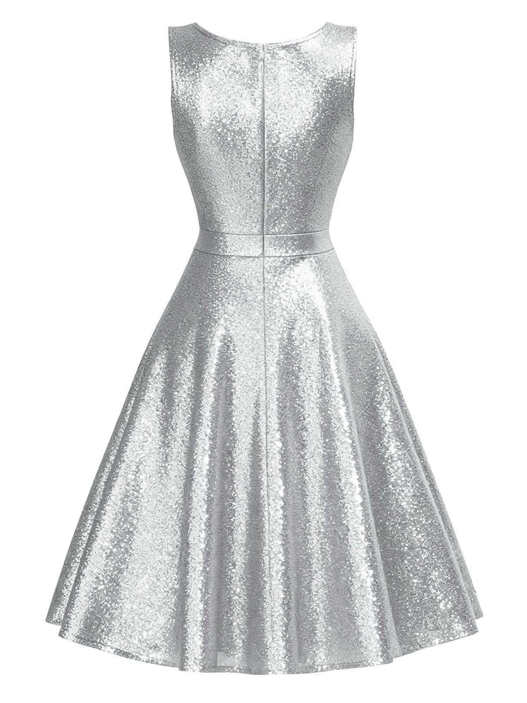 [Vorverkauf] Silber 1950er Solide Funkeln Ärmelloses Rundhals Kleid