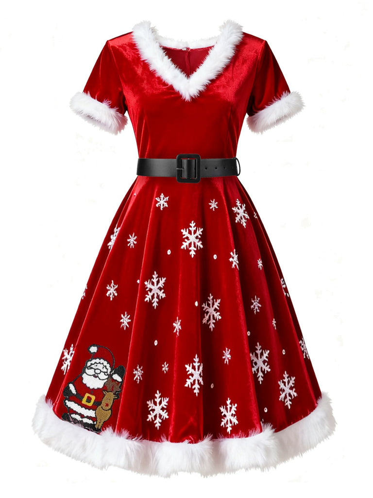 [Vorverkauf] Rot 1950er Santa Bestickt Samt Schneeflocke Kleid