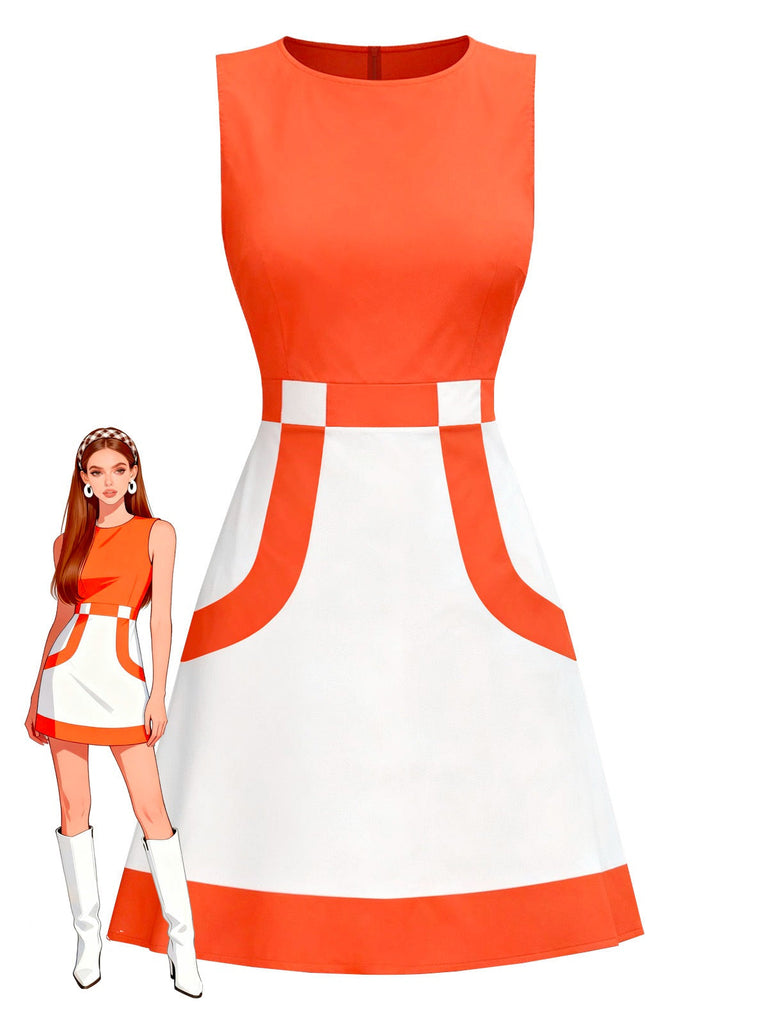 [Vorverkauf] Orange & Weiß 1960er Farbblock Ärmelloses Mod Kleid