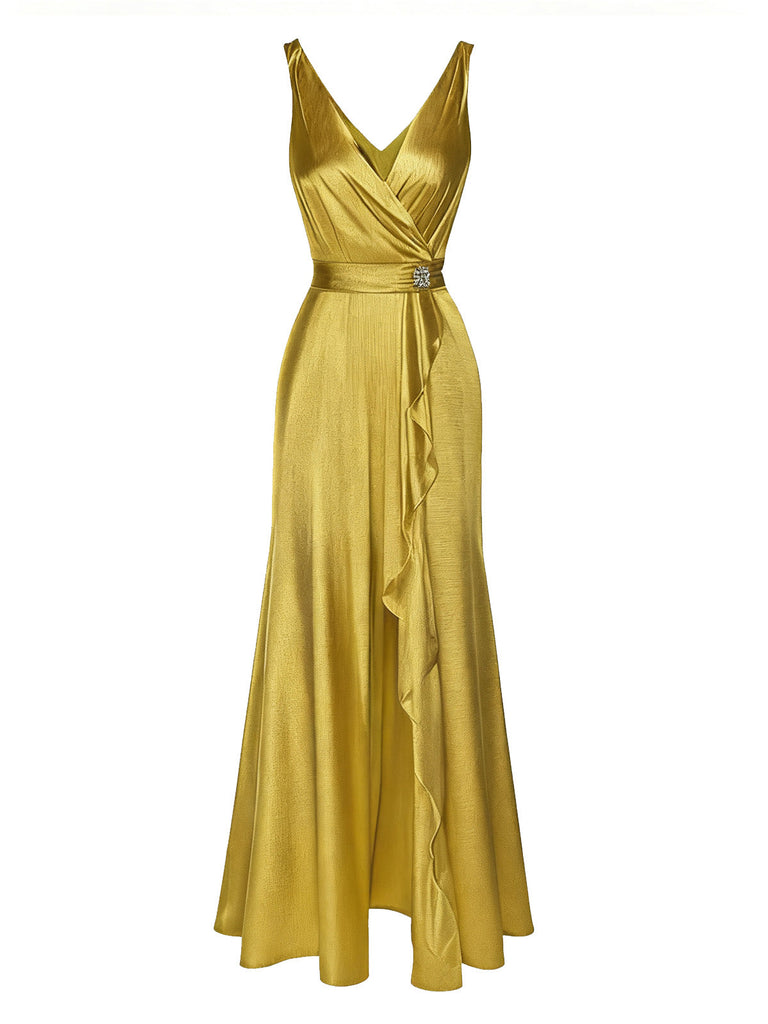 [Vorverkauf] Gold 1970er Satin Perle Taille Rüschen Slit Kleid