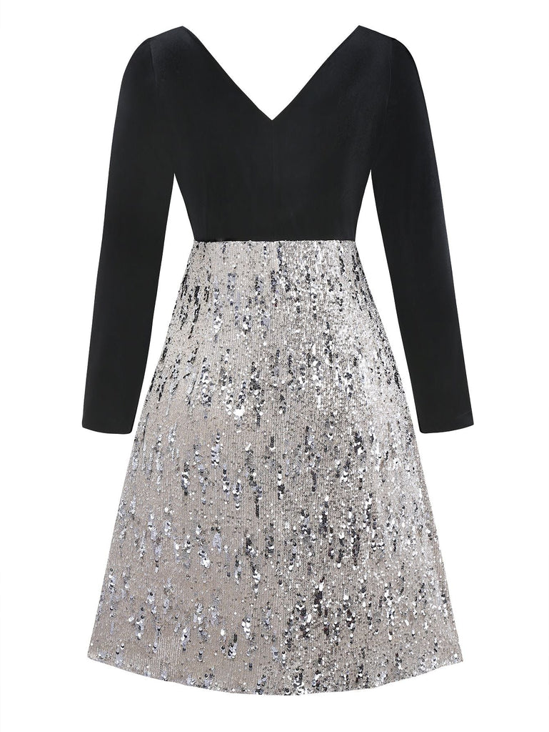[Vorverkauf] [Übergröße] Schwarz 1950er Samt Pailletten V-Ausschnitt Langarm Kleid