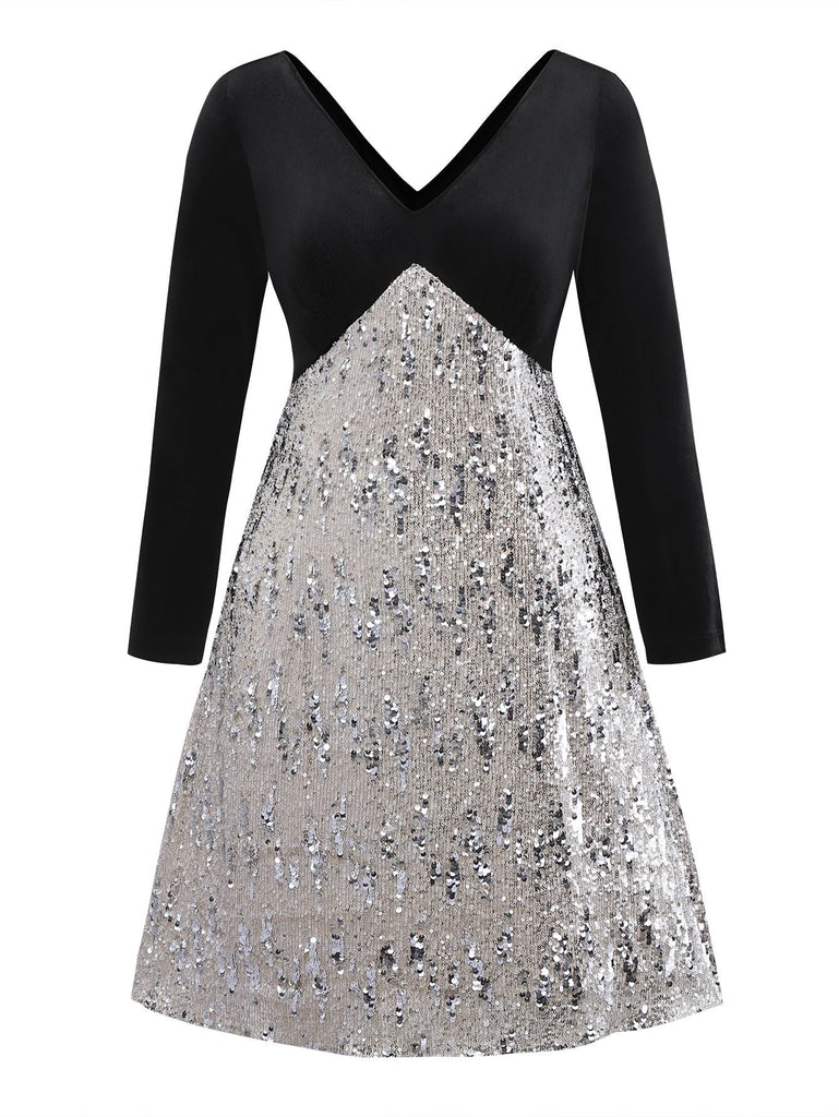 [Vorverkauf] [Übergröße] Schwarz 1950er Samt Pailletten V-Ausschnitt Langarm Kleid