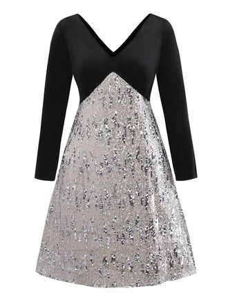[Vorverkauf] [Übergröße] Schwarz 1950er Samt Pailletten V-Ausschnitt Langarm Kleid