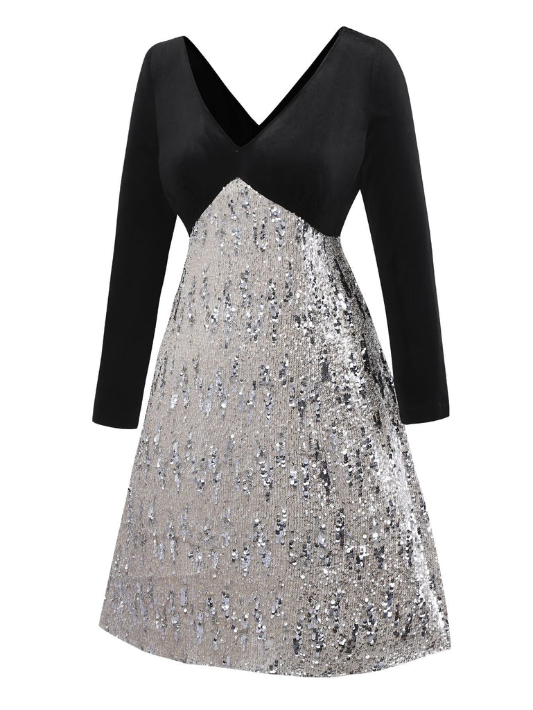 [Vorverkauf] [Übergröße] Schwarz 1950er Samt Pailletten V-Ausschnitt Langarm Kleid