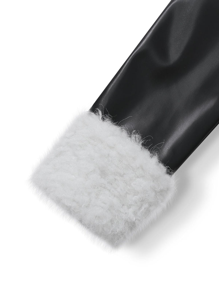 [Vorverkauf] Schwarz 1940er Faux Leder Pelzbesatz Mantel