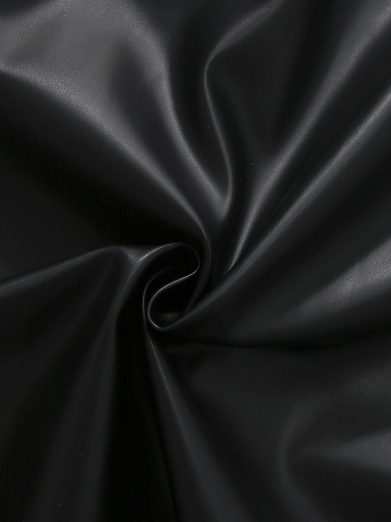 [Vorverkauf] Schwarz 1940er Faux Leder Pelzbesatz Mantel