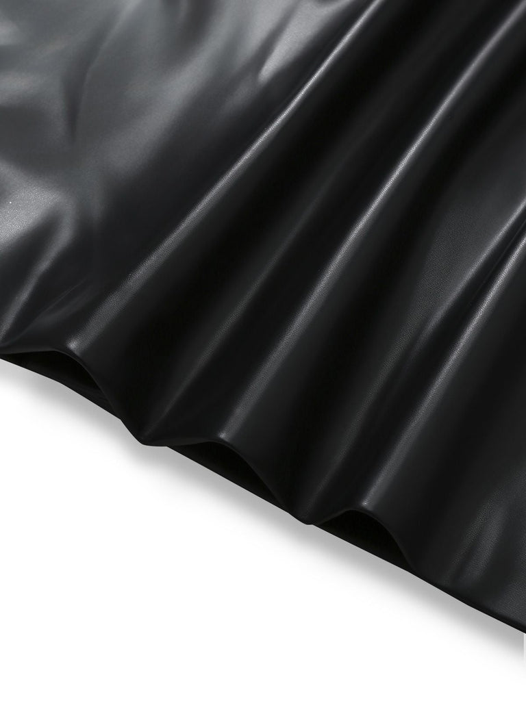 [Vorverkauf] Schwarz 1940er Faux Leder Pelzbesatz Mantel