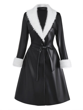 [Vorverkauf] Schwarz 1940er Faux Leder Pelzbesatz Mantel