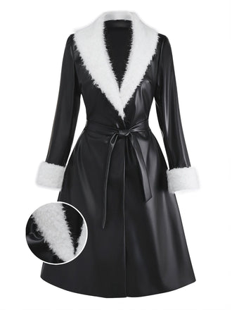 [Vorverkauf] Schwarz 1940er Faux Leder Pelzbesatz Mantel